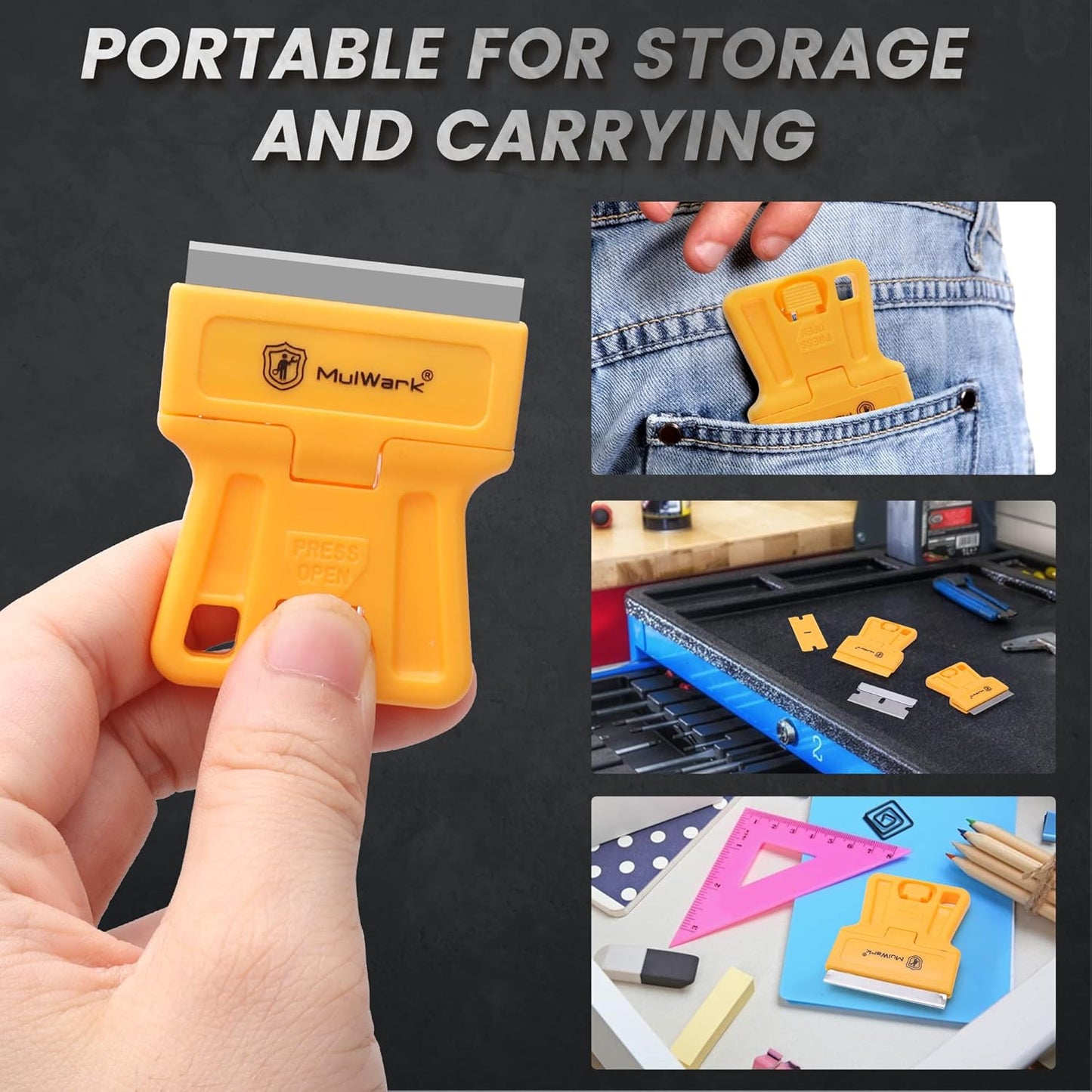 MulWark Razor Blade Tool Set, 8-Pack Mini Plastic Scrapers with 5 Plastic & 5 Metal Blades - Paint Remover, Window Cleaner, Glass Tool, Oven Cleaner, Blade Remover