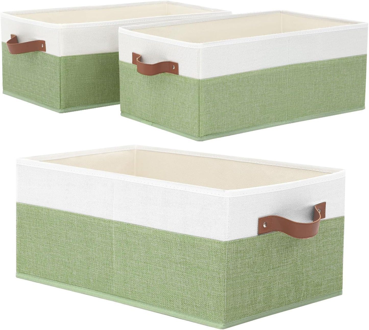 3 Pack Large Capacity Storage Bins Closet Organizer for Shelves, Fabric Closet Storage Baskets Boxes with Leather Handles for Organizing Clothes, Sheets, Jeans, Toys, Books (Green)