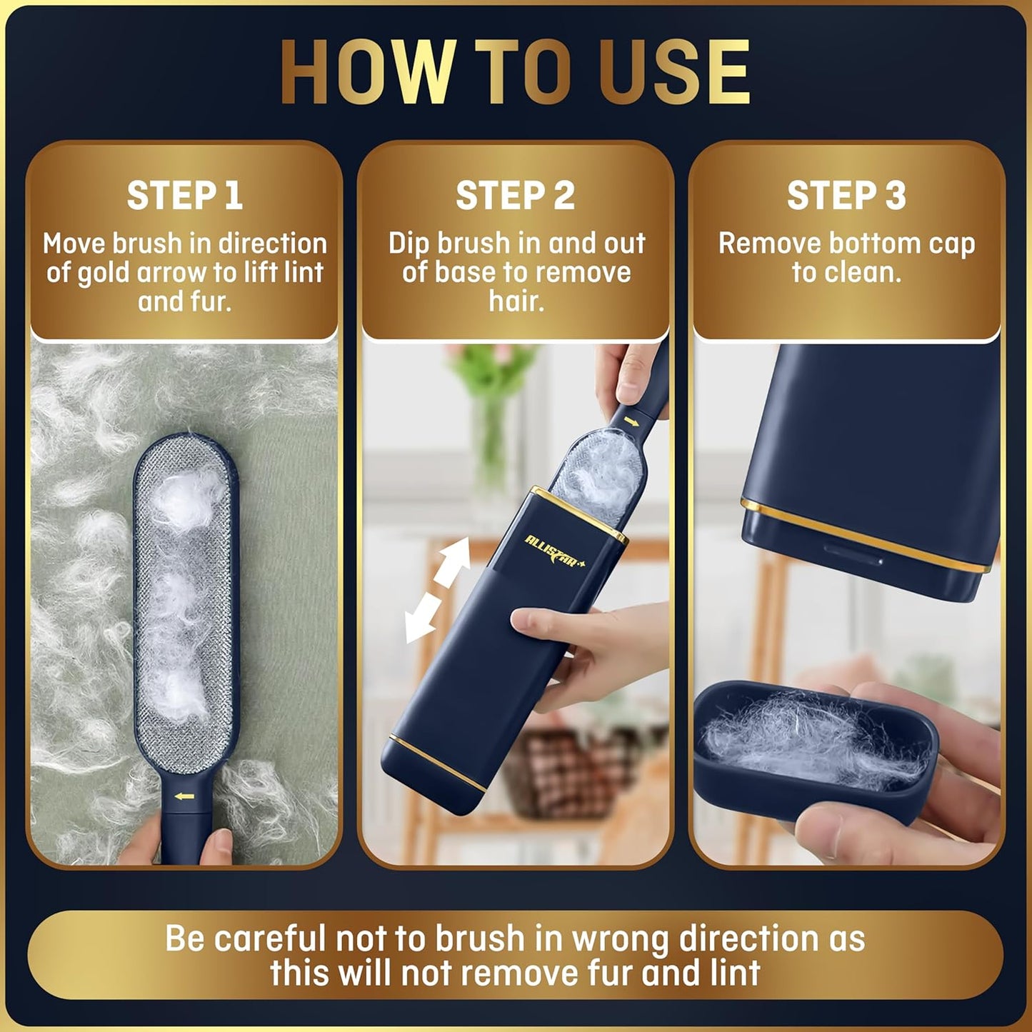 Lint Brush, Lint Remover, and Pet Hair Remover for Laundry, Clothes, Couches, Car Seats, Furniture and Fabric. Reusable Dog and Cat Fur Wizard Hair Removal Brush. ALLISTAR (Midnight Blue)