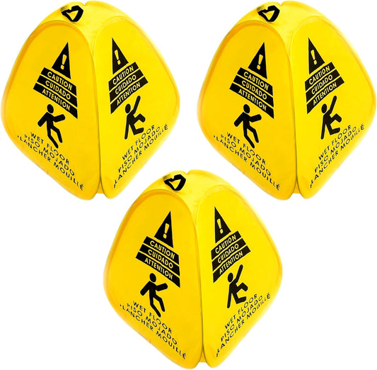 Kraken Sign Co - Pop-up Sign, Yellow 4-Sided Bilingual Trilingual English/Spanish/French Warning, Pop-up Caution Wet Floor Sign 16 inch for Restaurant, Commercial and Industrial Safety. Foldable, Portable, Durable (Yellow, 3 Pack)