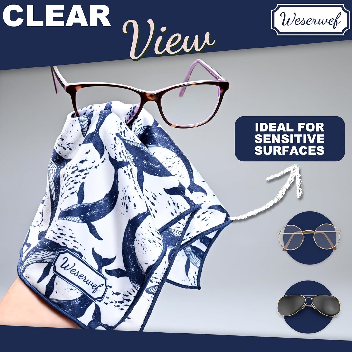 WESERWEF Design Microfiber Glasses Cleaning Cloth – Premium Cleaning Cloth for Eyeglasses, Screens, Tablets, Cameras & Lenses, 12" x 12", Ultra-Soft & Scratch-Free (Whales)