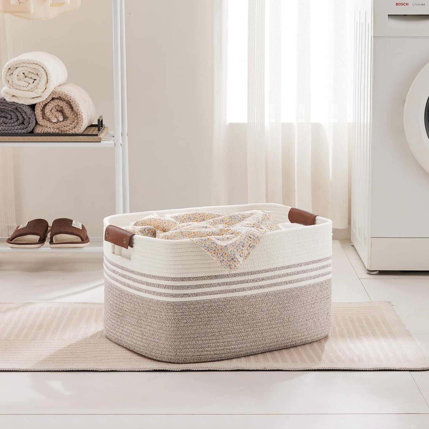 60L Large Laundry Basket with Leather Handles for Living Room Storage, Woven Rope Baskets Bin for Blanket, Kids Toy, Gifts, Wicker Hamper for Bedroom Dirty Clothes, 21"x15"x11" White Brown