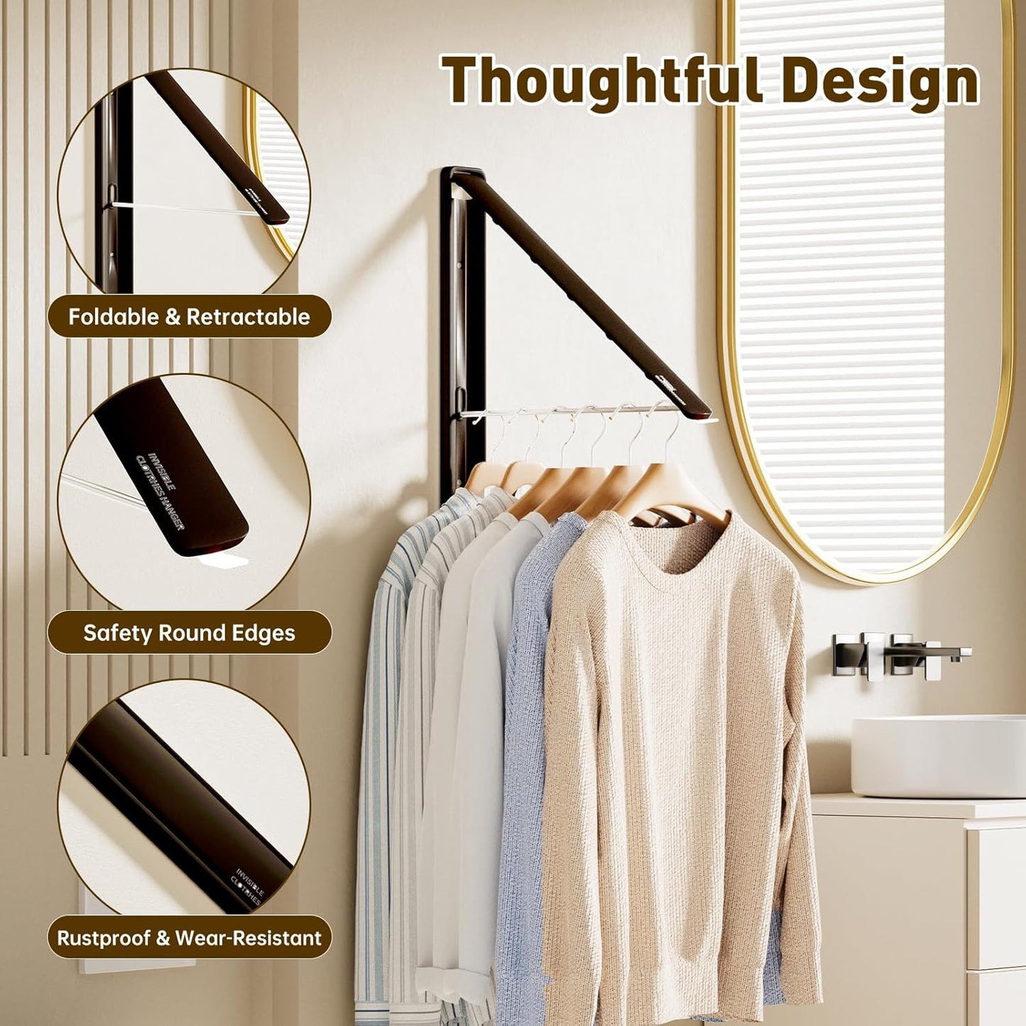 Clothes Drying Rack, Laundry Room Wall Mounted Retractable Clothes Hanger Drying Rack, Laundry Clothing Drying Rack Folding Indoor or Outdoor, Easy Installation Aluminium Dryer, 1pcs(Black)