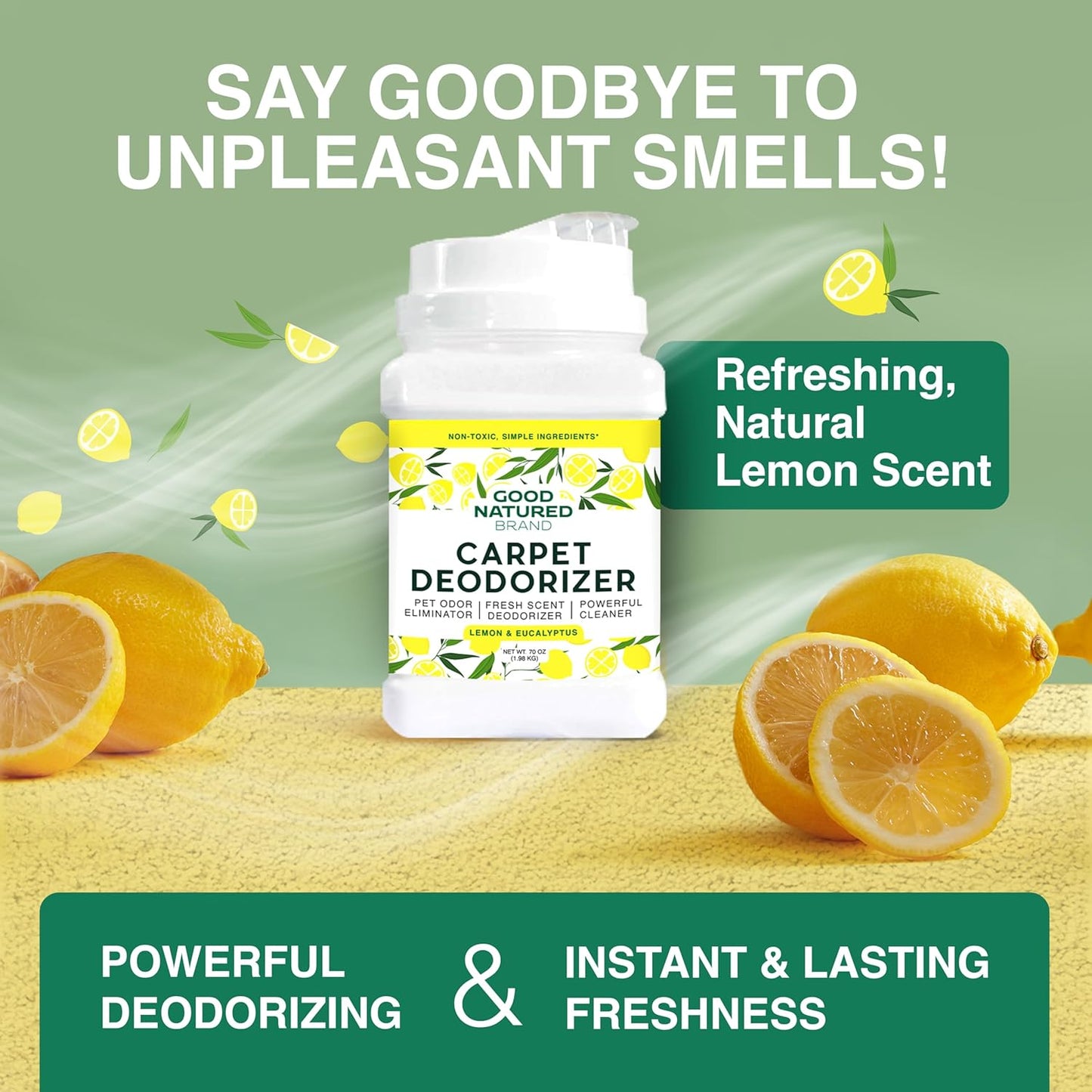 Good Natured Brand | Carpet Deodorizer & Freshener Powder | 70 oz Pet Odor Eliminator for Strong Odor & Pet Urine | Fresh Natural Lemon & Eucalyptus Scent | Safe for Homes with Pets