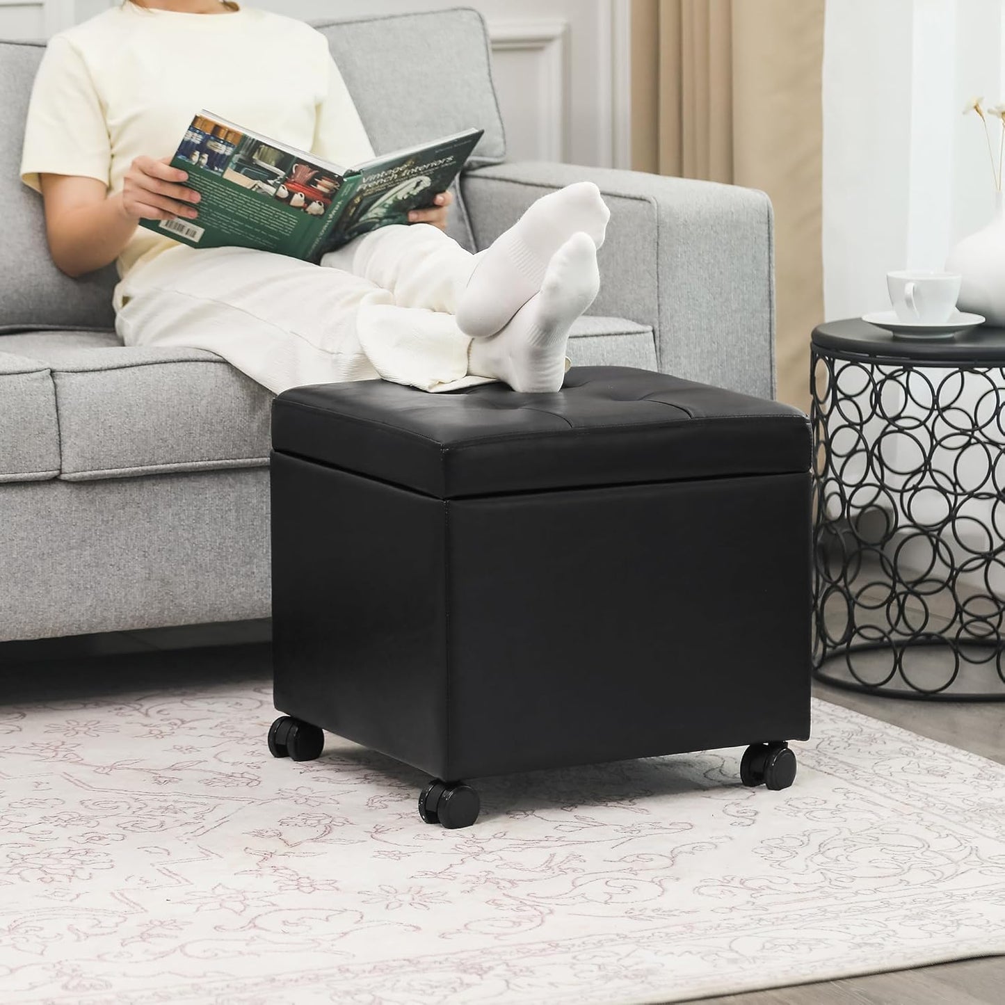 Adeco 17.7" Leather Ottoman with Wheels, Black Square Rolling Ottoman with Storage, Upholstered Button Tufted Vanity Stool with Hinged Lid for Living Room, Bedroom, Dorm