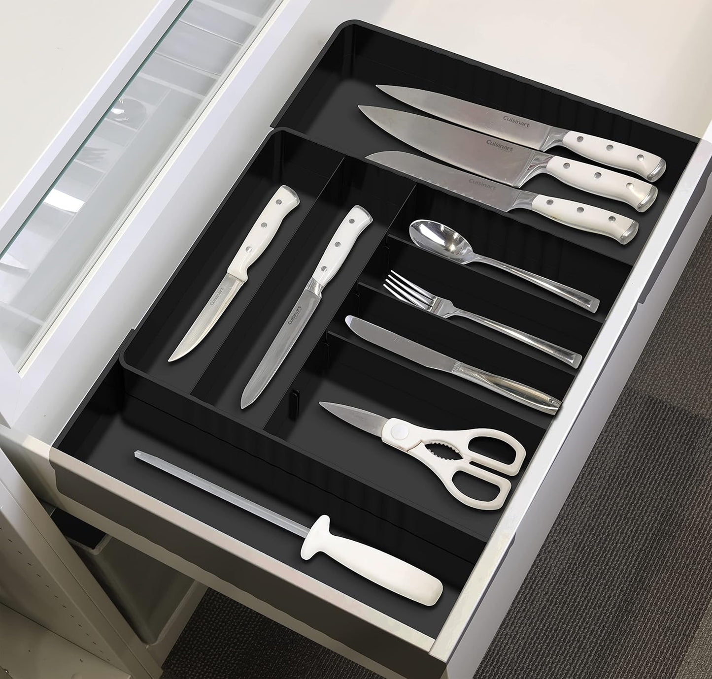 Simple Houseware Expandable Kitchen Drawer Flatware Organizer, Black – Adjustable Cutlery Tray with 9 Compartments for Utensils and Silverware