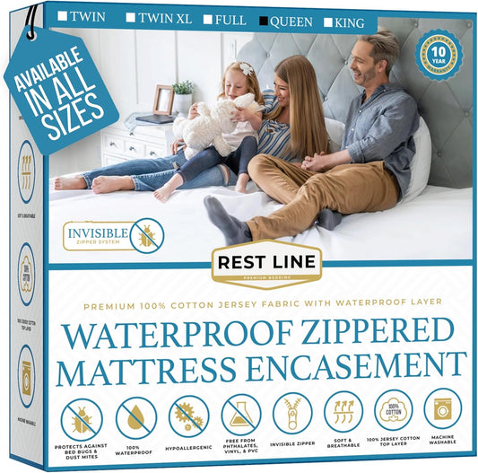 Queen Size 60x80” Premium Waterproof Zippered Mattress Encasement, 100% Cotton, Hypoallergenic, Six Sided Mattress Cover, Invisible Zippered, Soft Breathable up to 15" Deep - Rest Line