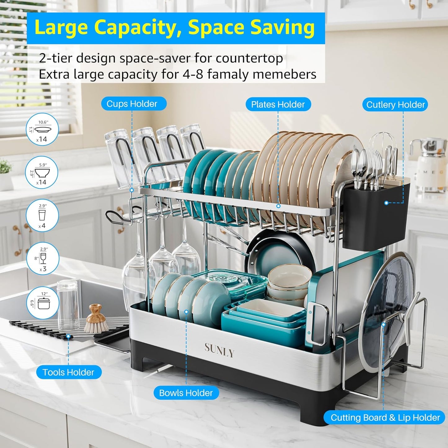 SUNLY 2 Tier Dish Drying Rack, Extra Large Dish Rack, Multifunctional Large Dish Drainers for Kitchen Counter, 304 Stainless Steel Kitchen Drying Rack, Bowl Drying Rack, Extendable Drain Spout, Black