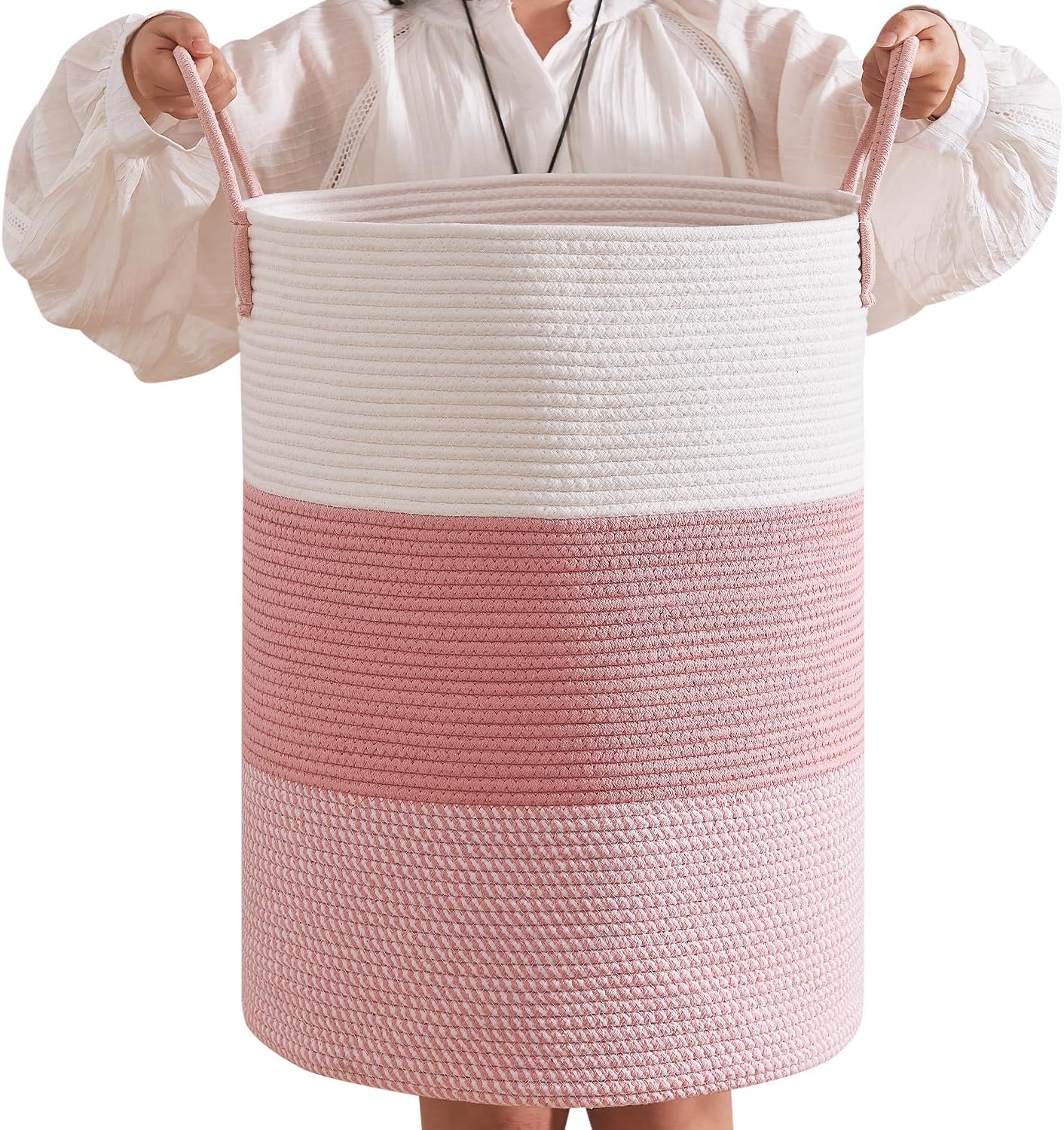 CLHMILY&Z 80L Laundry Basket Round Storage Rope Basket - 16.5x22.5 Inches - Pink Hamper in Bedreoom and Cute Storage Bin for Blankets, Toys, and Nursery Essentials