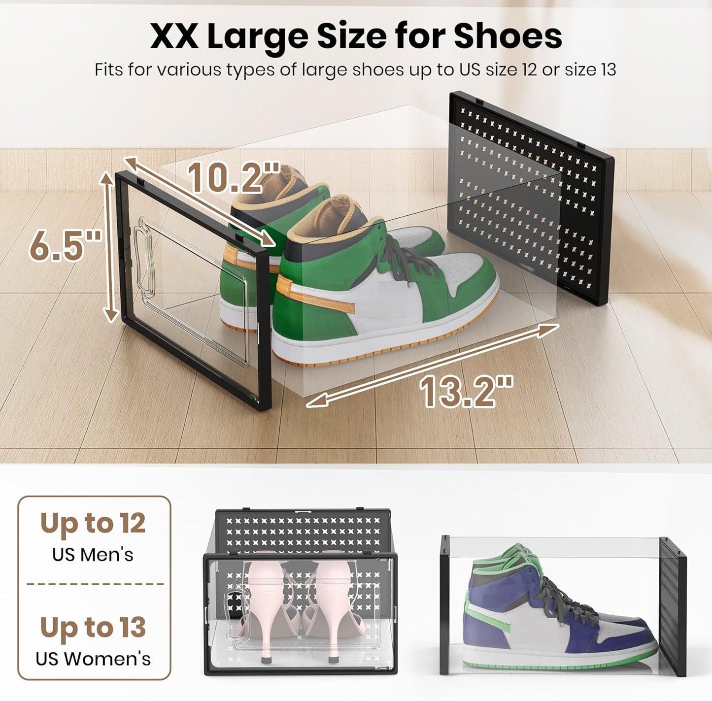12 Pack XX-Large Modular Clear Plastic Stackable Shoe Storage Organizer for Closet, Space Saving Versatile Sneaker Shoe Rack Containers Bins Holders, Portable Closet Organizers and Storage, Black