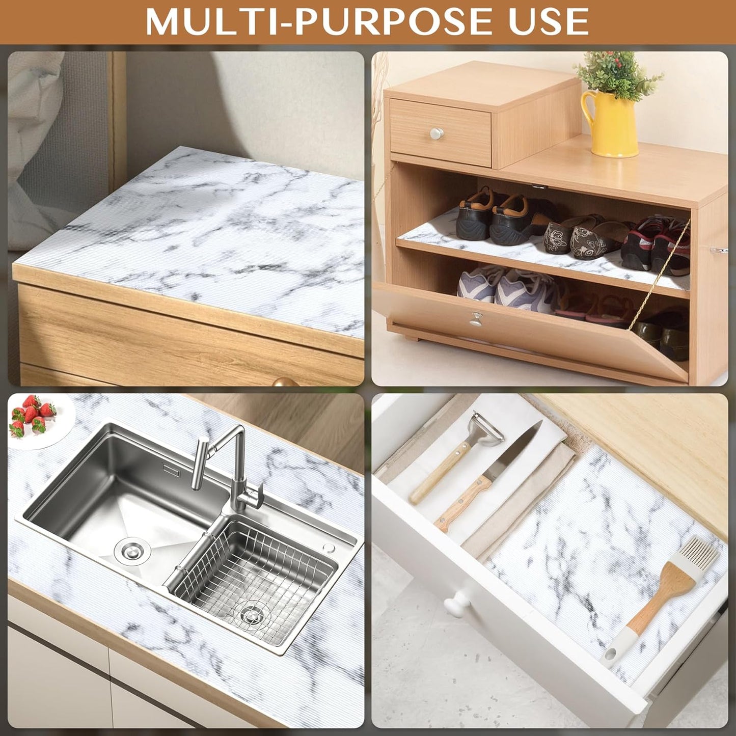 Non-Adhesive Shelf and Drawer Liner for Kitchen Cabinets, 12 in x 20FT Strong Non-Slip Cabinet Liners for Shelves, Refrigerator, Pantry Storage, Bathroom Closet, Easy to Clean, Marble