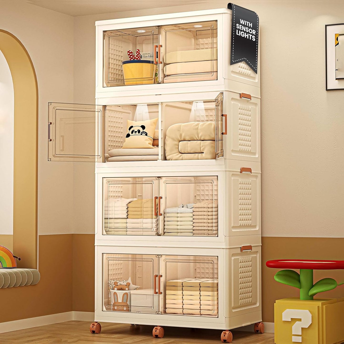 752QT/188Gal 4 Layers Stackable Storage Bins with Lid & Doors - Sensor Lights in Cabinets, Large Collapsible Container Box with 6 Wheels, Plastic Foldable Organizer for Home