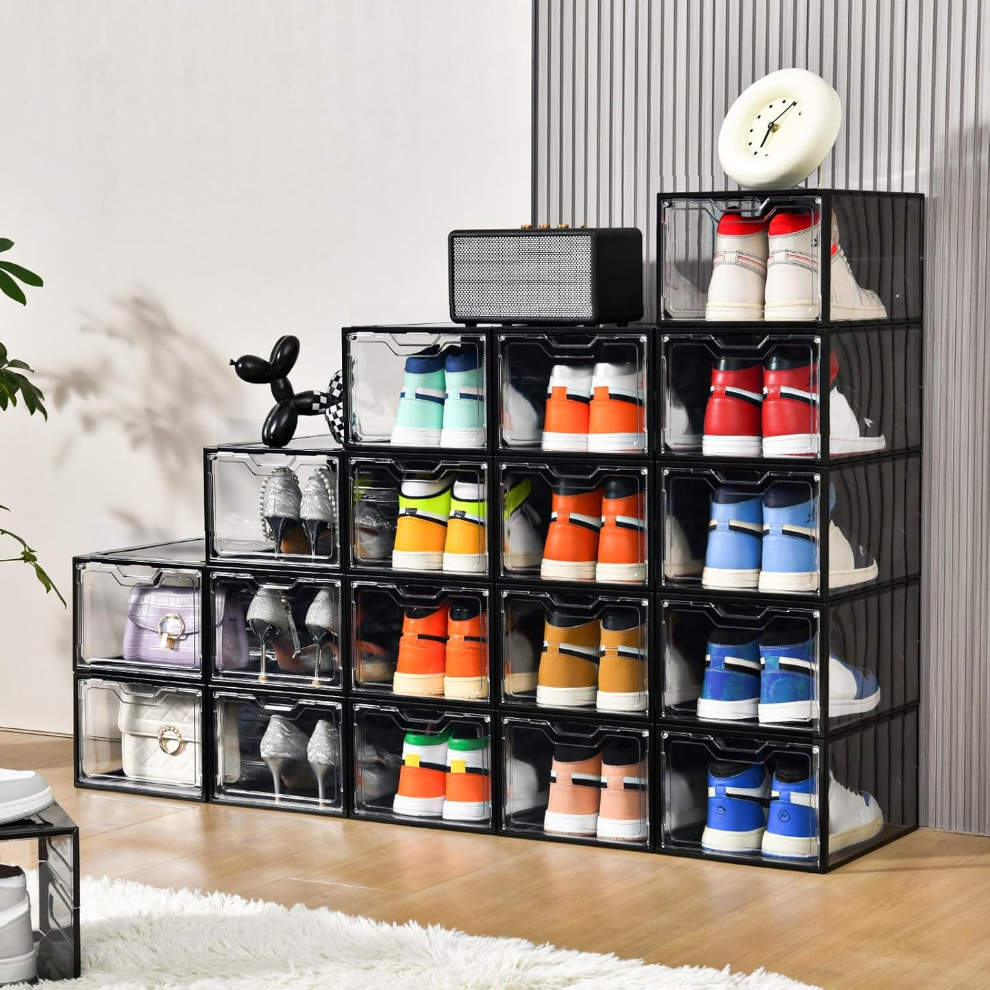 12 Pack Stackable Shoe Storage Organizer with Magnetic Door, Shoe Boxes Clear Black Plastic for Closet, Shoe Rack for Sneaker Boot Container, Shoe Cabinet Fit up to US Size 12