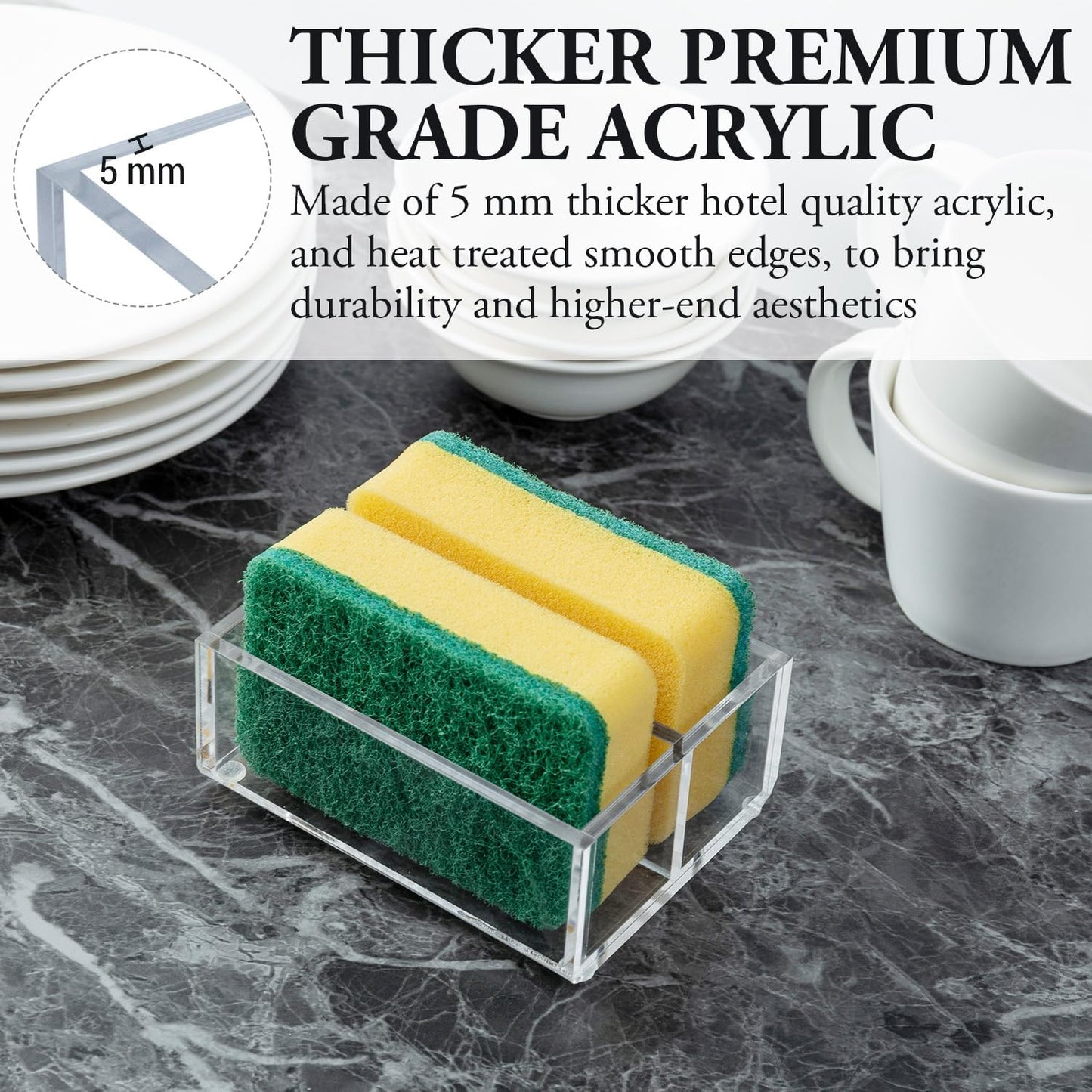 MyGift Modern Premium Clear Acrylic Sponge Holder for Kitchen Sink, Counter Dual Sponge Storage Rack, Countertop Caddy with 2 Compartments for Dish Cleaning Sponges or Scrubbing Pads