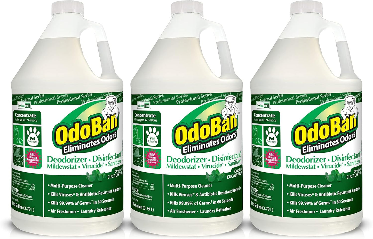 OdoBan Professional Disinfectant and Odor Eliminator Concentrate, 3-Pack, 1 Gallon Each, Original Eucalyptus Scent