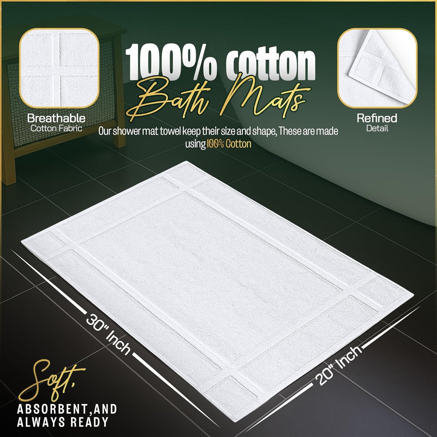 Pearl Linens Pack of 12 100% Cotton Bath Mat 20x30 inches, Soft & Absorbent Quick Dry Bathroom Mat Set, Not Bathroom Rugs, After Shower Mat, Bath Tub Mat, 687 GSM, Machine Washable, White