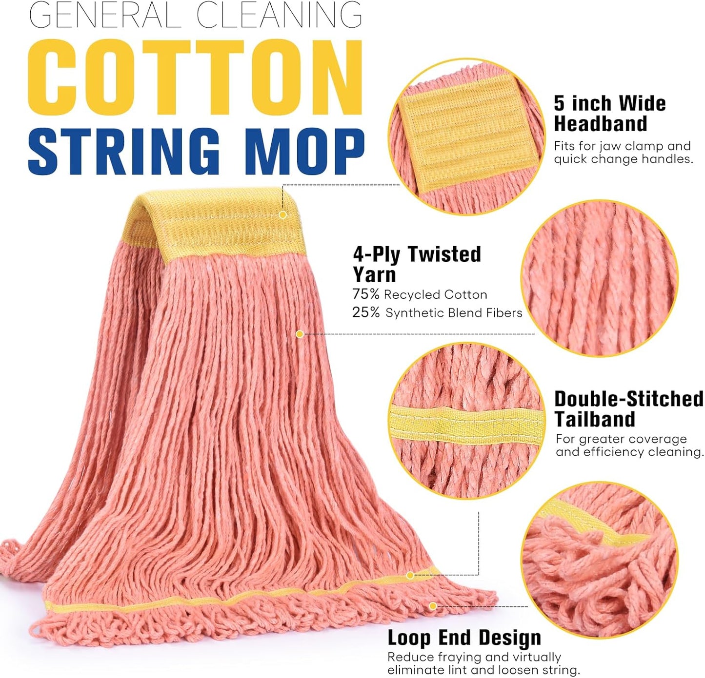 Matthew Cleaning Commercial Mop Head Replacement, 5 Inch Wide Headband, Looped End Cotton Blend String Wet Mops for Floor Cleaning, 18 oz Medium, 3-Pack Orange