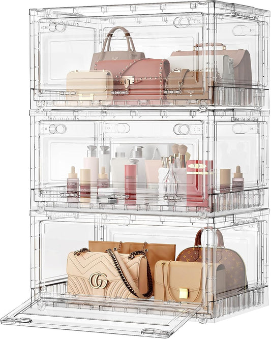 BROVIEW Clear Stackable Storage Bins Drawers, Open Front Large Plastic Storage Bins with Lids, Foldable Closet Organizers and Storage for Wardrobe Cabinets, Pantry, Makeup,3 Pack