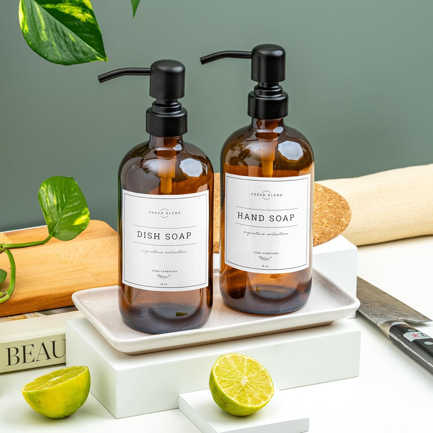 Vine Creations Amber Glass Soap Dispenser, 2 Pack Kitchen Soap Dispenser Set with Ceramic Tray, Stainless Steel Pump, Dish Soap and Hand Soap Dispensers for Bathroom Decor with Waterproof Labels