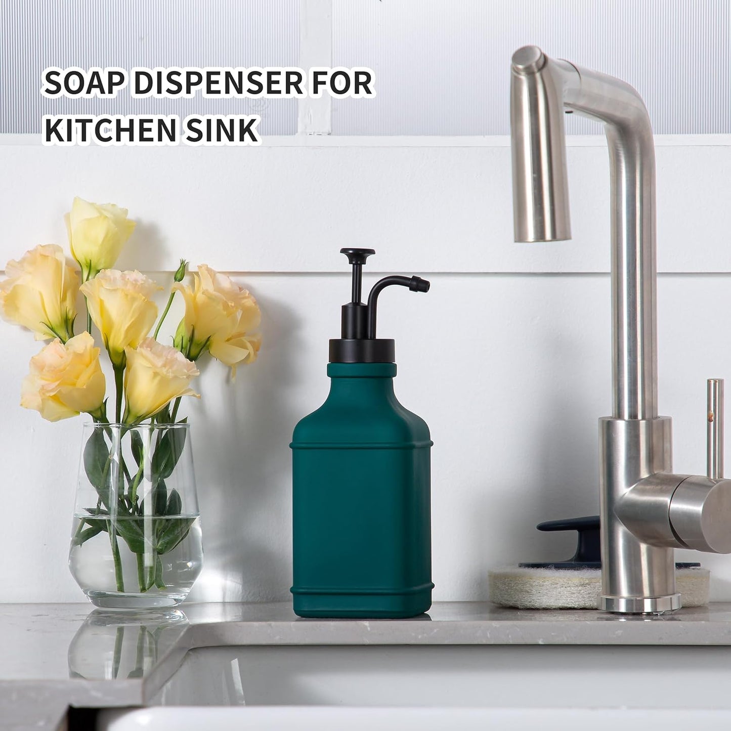 Enra Glass Soap Dispenser with Clear Window,12oz Matte Stainless Steel Hand Pump Dispenser,Hand and Liquid Soap Dispenser Rust Proof Countertop Lotion Bottle (Green-Square-Liquid)