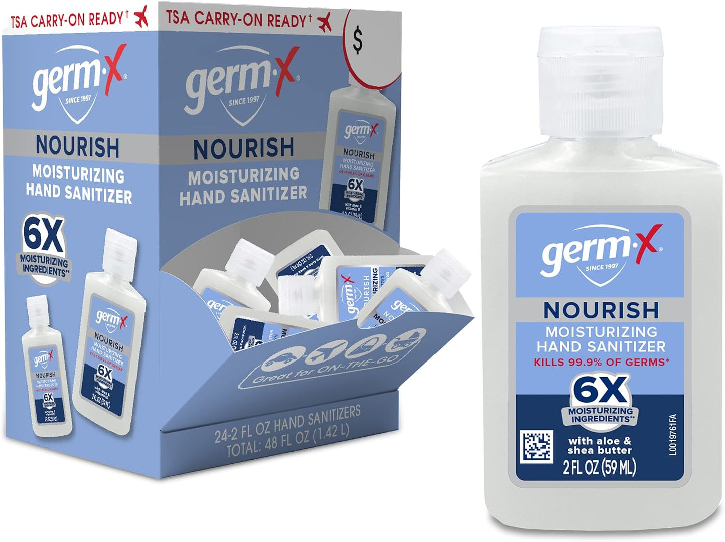 Germ-X Nourish Hand Sanitizer, 2-in-1 Moisturizing and Sanitizing Formula with Shea Butter, Vitamin E & Aloe, Non-Greasy, Mini Travel Size for On-The-Go, Back to School Supplies, 2 Fl Oz (Pack of 24)