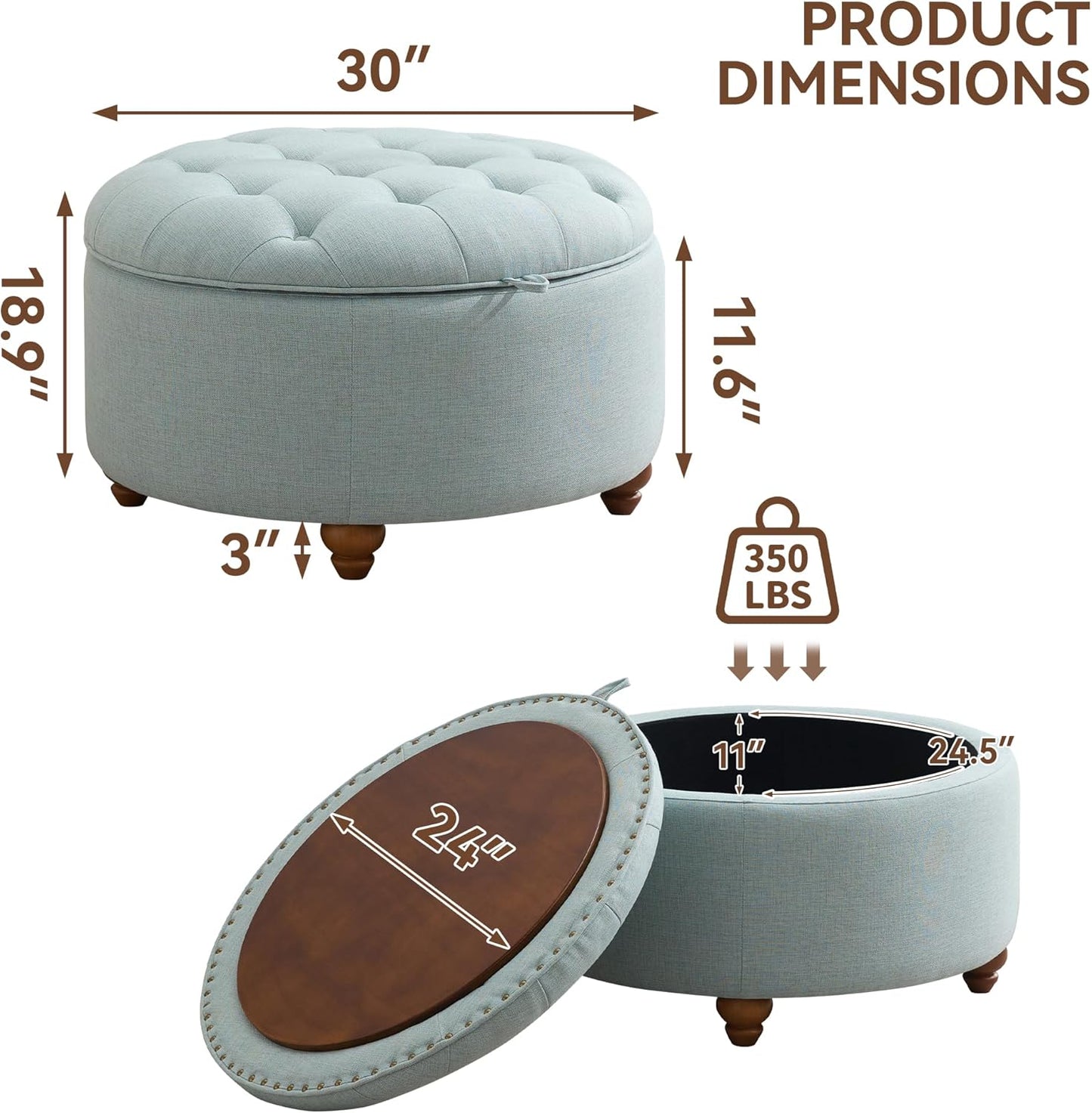 30Inch Round Storage Ottoman with Tray, Modern Tufted Fabric Circle Coffee Table with Storage, Upholstered Ottoman with Removable Top for Living Room, Bedroom, Light Blue