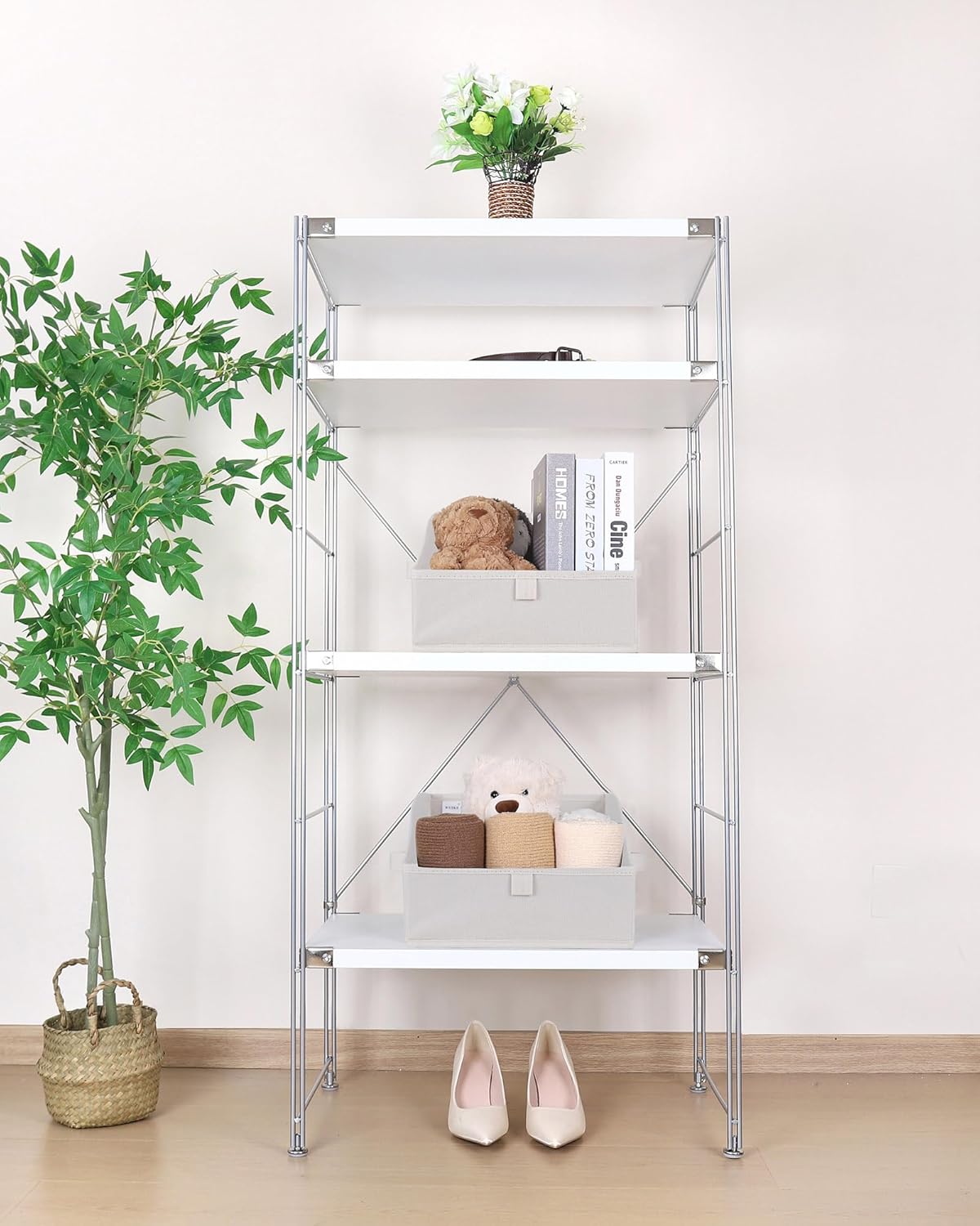 WUIKE Closet Storage Bins, Large Trapezoid Storage Boxes with Handles, Fabric Storage Baskets for Organizing Clothes, Sheets, Blankets, Decorative Storage Bins, White & Beige