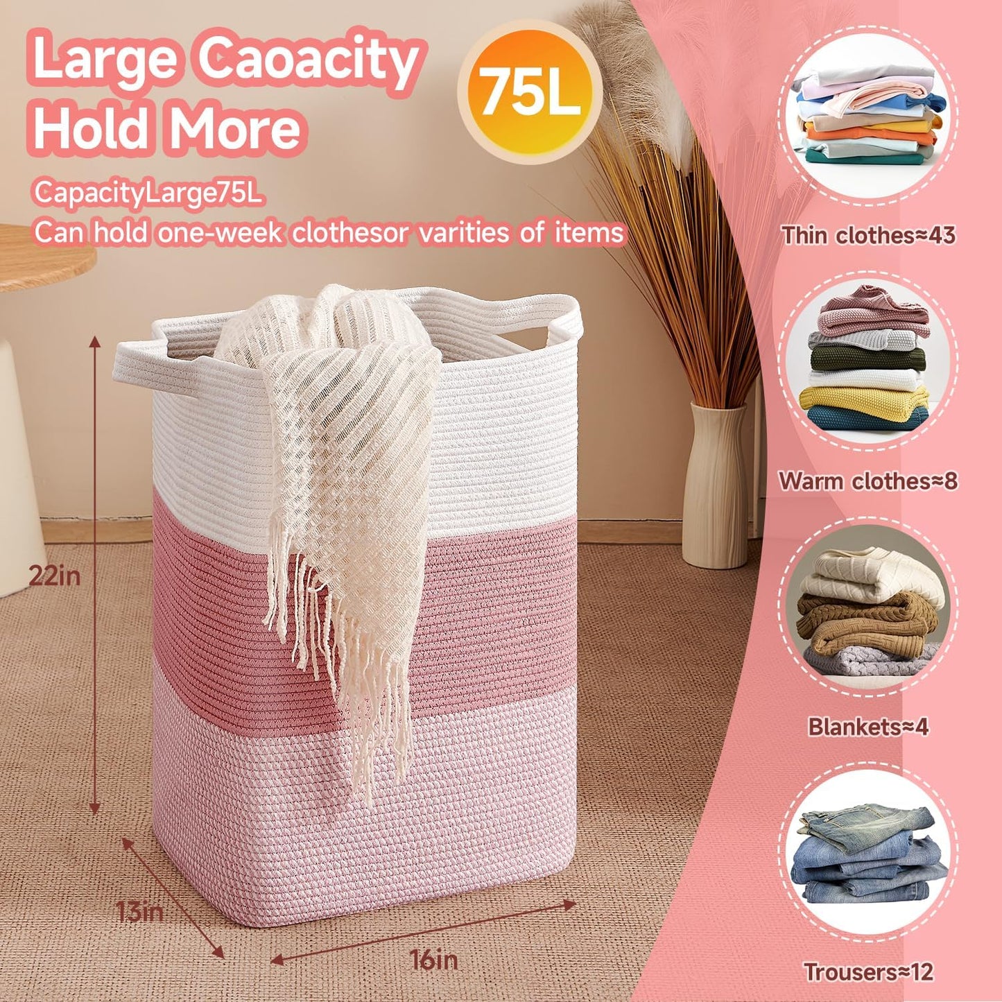 CLHMILY&Z 75L Laundry Hamper Rectangular Pink Rope Basket - 16x13x22 Inches - Dirty Clothes Storage Soft Organizer Bin for Blankets, Toys, and Nursery Essentials