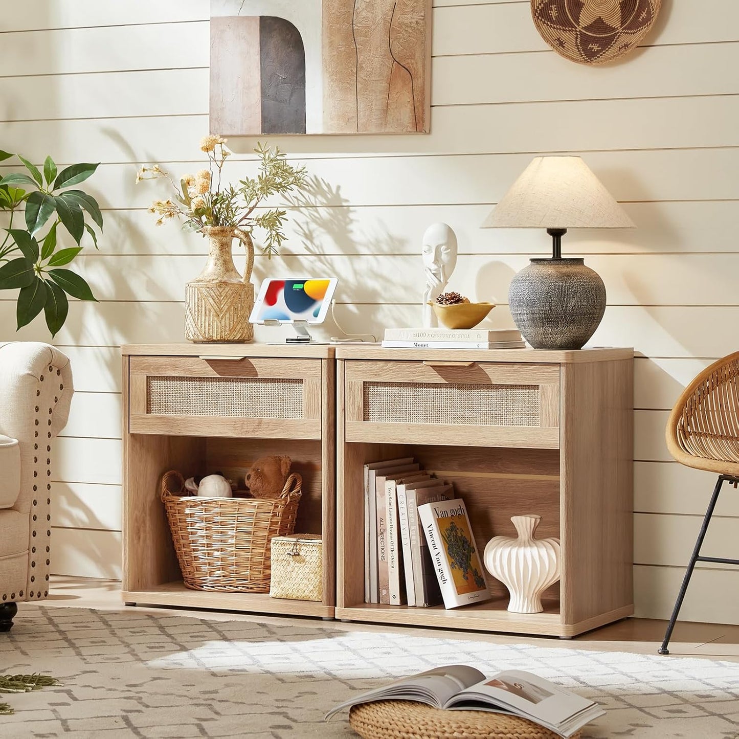 LEYAOYAO Rattan Nightstand with Charging Station, 23" Wide Boho Night Stand with Drawer, Natural Wood Bedside Table Open Storage Cabinet, Bed Side End Tables Dresser for Bedroom, Living Room, Hallway