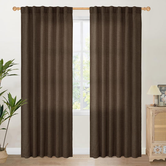 YoungsTex Brown Linen Curtains 80 Inch Length for Living Room, Semi Sheer Window Drapes with Rod Pocket Back Tab Light Filtering for Farmhouse Dining Room Bedroom, 2 Panels, 52 X 80 Inch