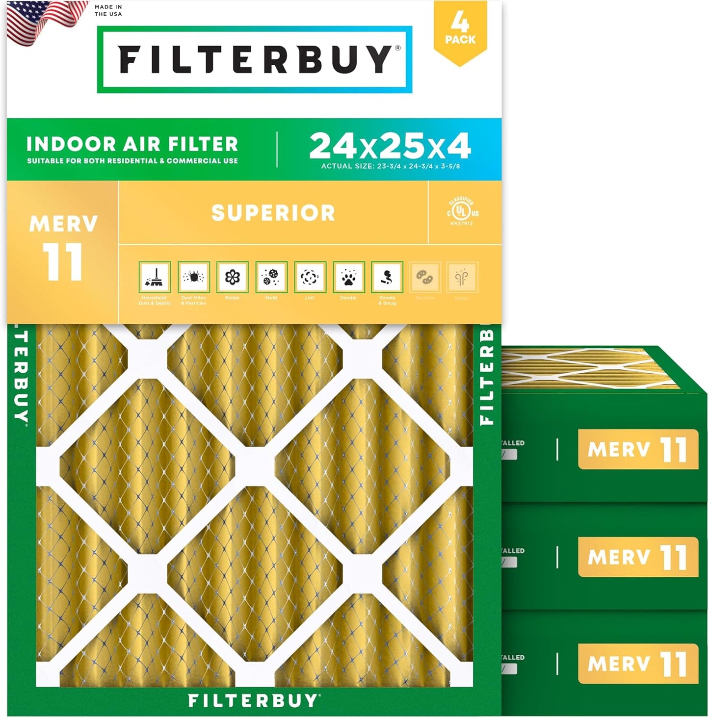 Filterbuy 24x25x4 Air Filter MERV 11 (MPR 1200) Allergen Defense Replacement (4-Pack), Electrostatic Pleated HVAC AC Furnace Filters, Made in USA (Actual Size: 23.75 x 24.75 x 3.63)
