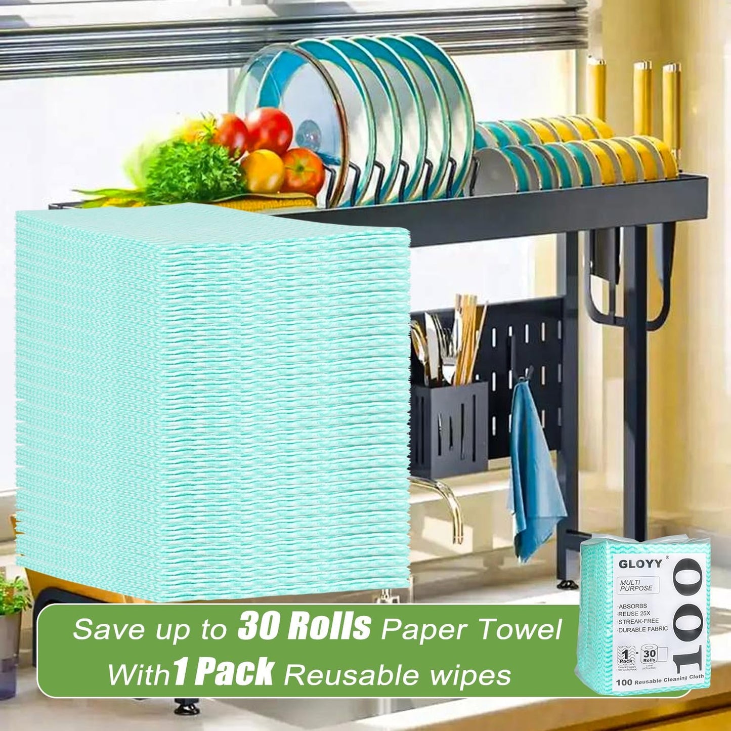 100 Count Disposable Cleaning Towels and Dish Cloths,Super Absorbent Dishcloths,Multi-Surface Cleaning Wipes for Kitchen Dishes, Windows, Bathroom (Green)