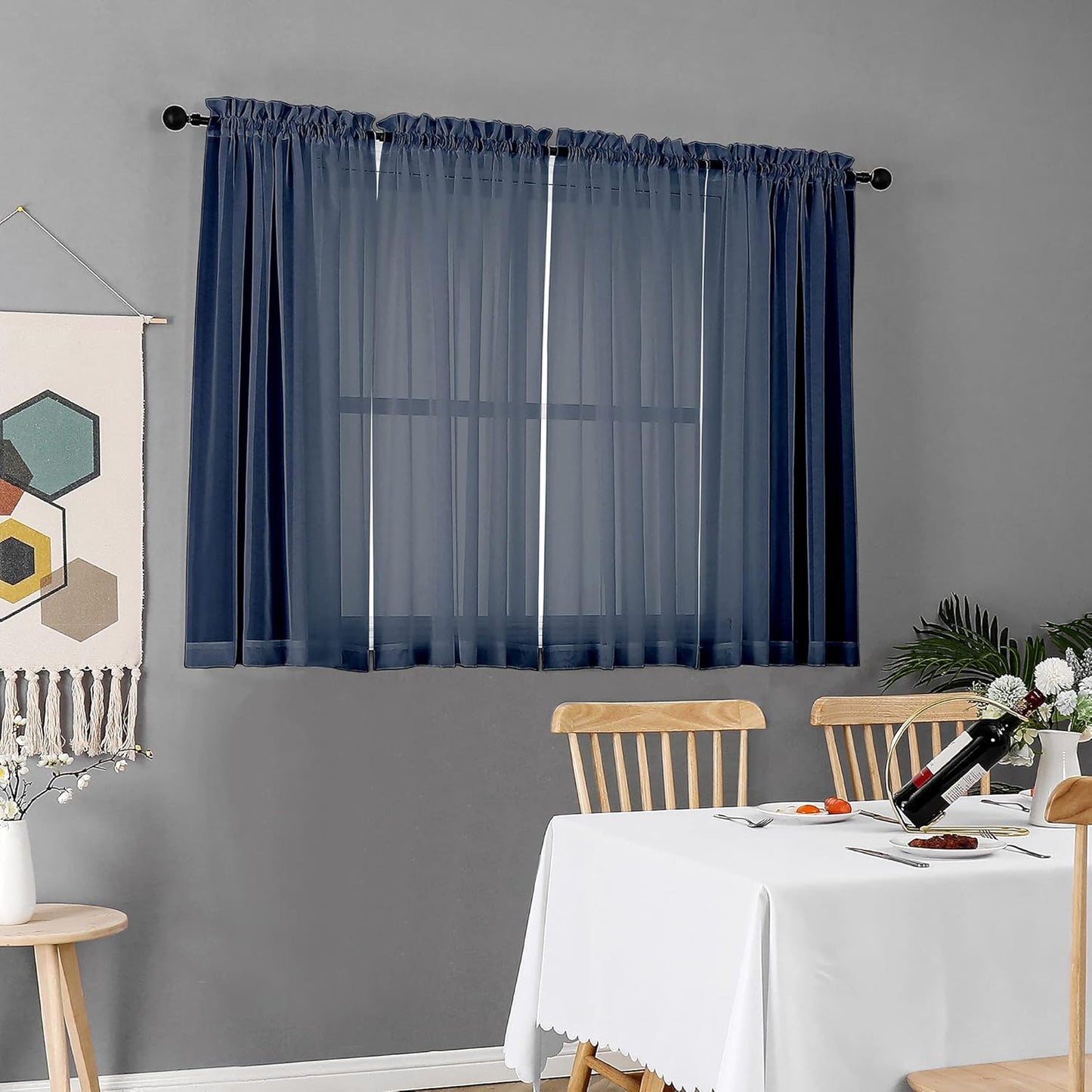 Chyhomenyc Voile Sheer Curtain Panels 45in Long 2 Pack, Short Bathroom Window Curtains for Small Window/Living Room/Guest Room/Basement, Airy Light Filtering Drapes, 42W x 45L inch, Navy Blue
