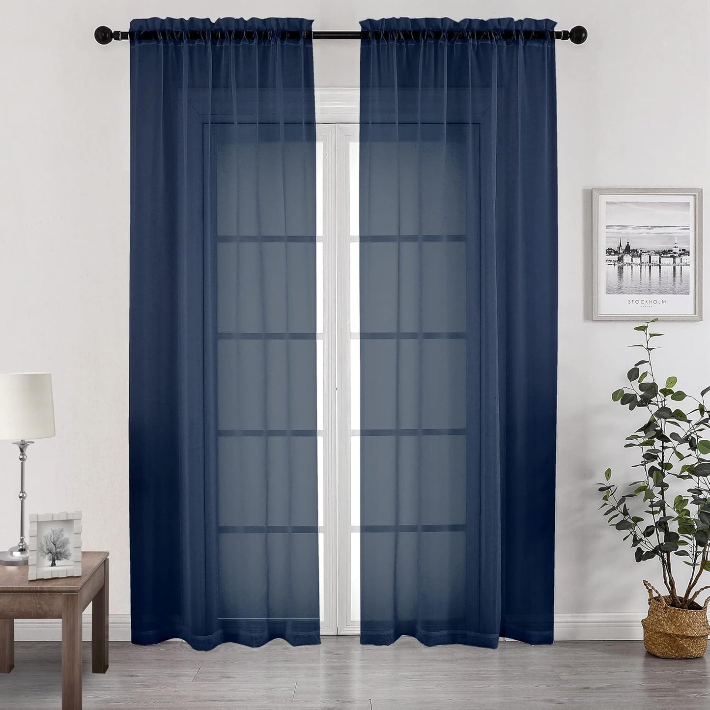 Chyhomenyc Sheer Curtains Extra Long 96 inch 2 PCS- Casual Style Airy & Breathable with Amount Light Sheer Panels for Patio/Glass Door (1 Pair Set=Total 84 inches Wide, Each W42 x L96, Navy Blue)