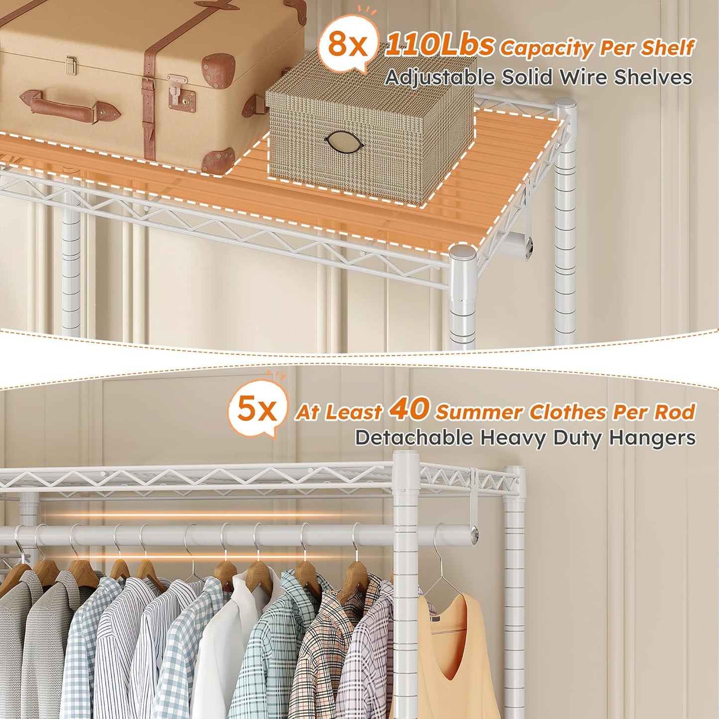 Raybee Clothes Rack,Clothing Racks for Hanging Clothes Heavy Duty,Adjustable Garment Rack with Shelves,rolling clothes rack Max Load 905LBS,75" W x 77" H x 17.8" D,White