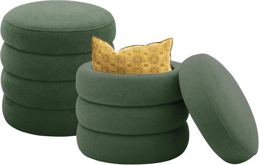 Round Ottoman with Storage Boucle Ottoman Stool Removable Lid for Living Room Modern Upholstered Vanity Storage Stool Foot Rest Bedroom Dorm Gifts Set of 2 (Green)