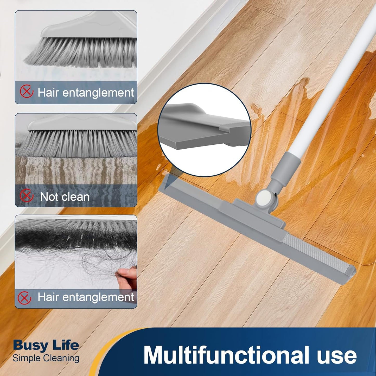 Yocada Rubber Floor Squeegee Broom TPR Blade Adjustable Scrubber Squeegee Household Broom for Shower Bathroom Kitchen Home Tile Pet Hair Fur Floor Marble Glass Window Water Foam Cleaning 53.15"