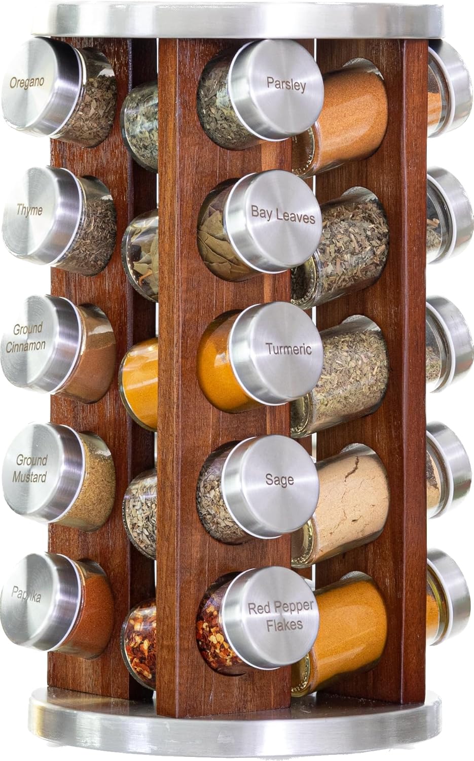 Orii 20 Jar Dark Acacia Wood Spice Rack with Spices Included - Rotating Tower Organizer for Kitchen Spices and Seasonings, (Dark Stained Acacia Wood)