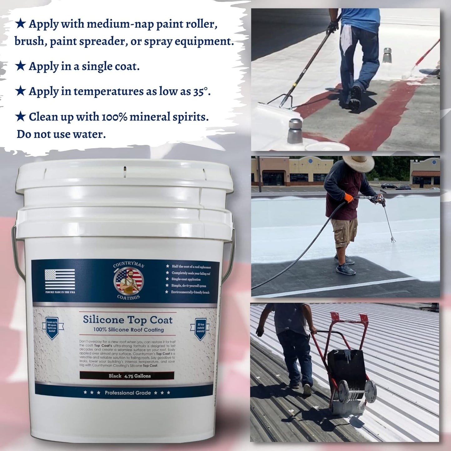 Countryman Coatings 100% Silicone Roof Coating - Restore Your Roof in a Day - Seal Leaks, Cracks, Seams, Penetrations - Adheres to All Surfaces (4.75 Gallon, Black)