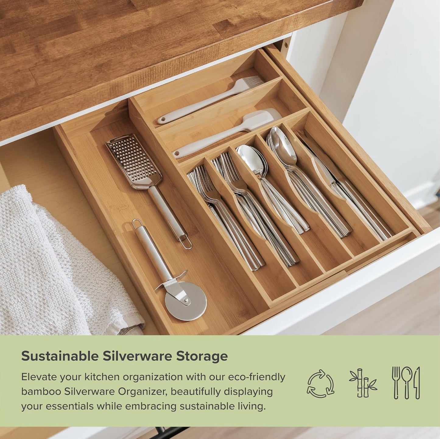 KitchenEdge Premium Silverware, Flatware and Utensil Organizer for Kitchen Drawers, Food-Safe Contract Grade, Expandable from 10.5 to 19 In, Natural Bamboo