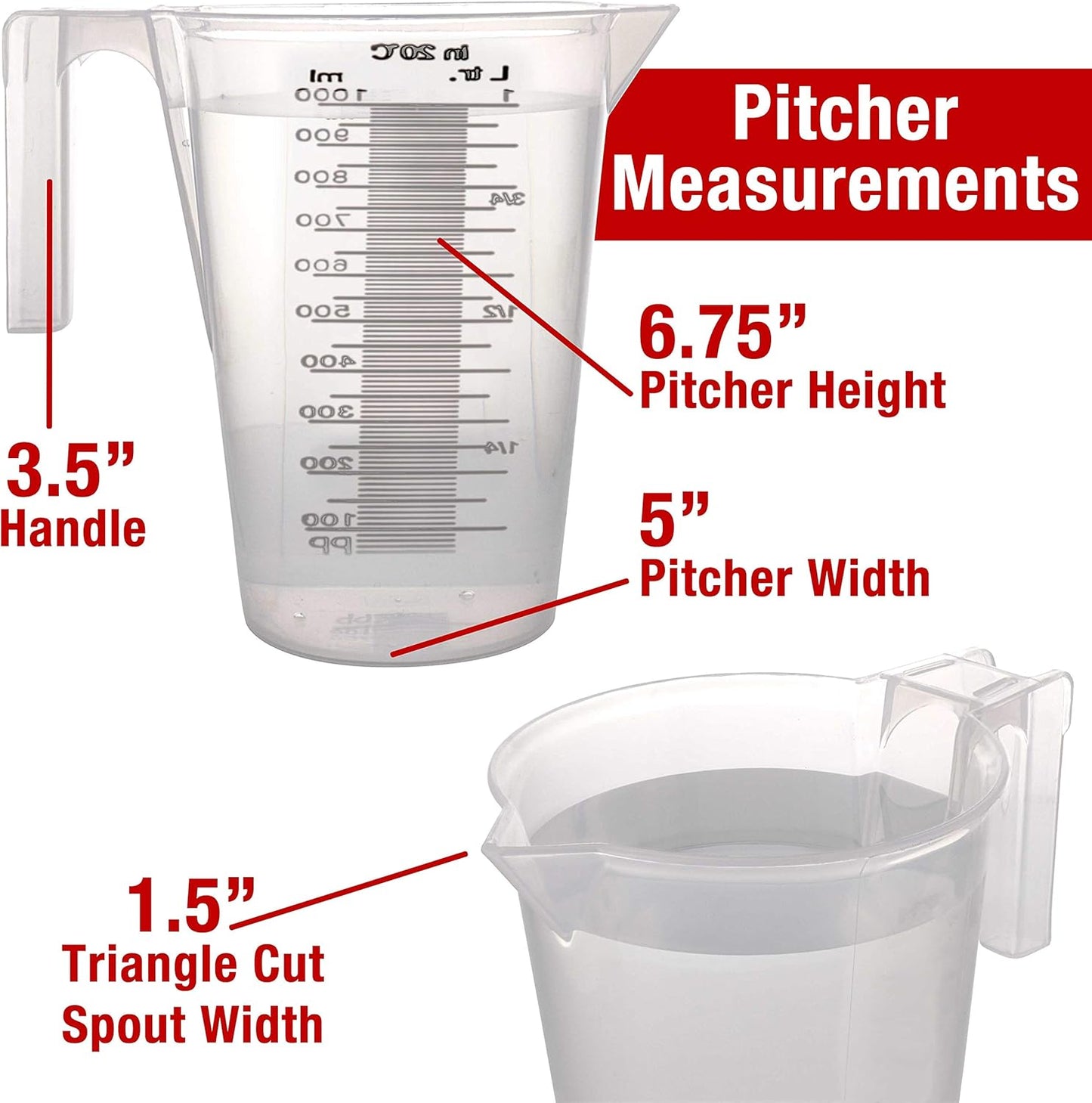 TCP Global 1 Liter (1000ml) Plastic Graduated Measuring and Mixing Pitcher (Pack of 6) - Holds Over 1 Quart (32oz) - Pouring Cups, Measure & Mix Paint, Resin, Epoxy, Kitchen Cooking Baking Ingredients