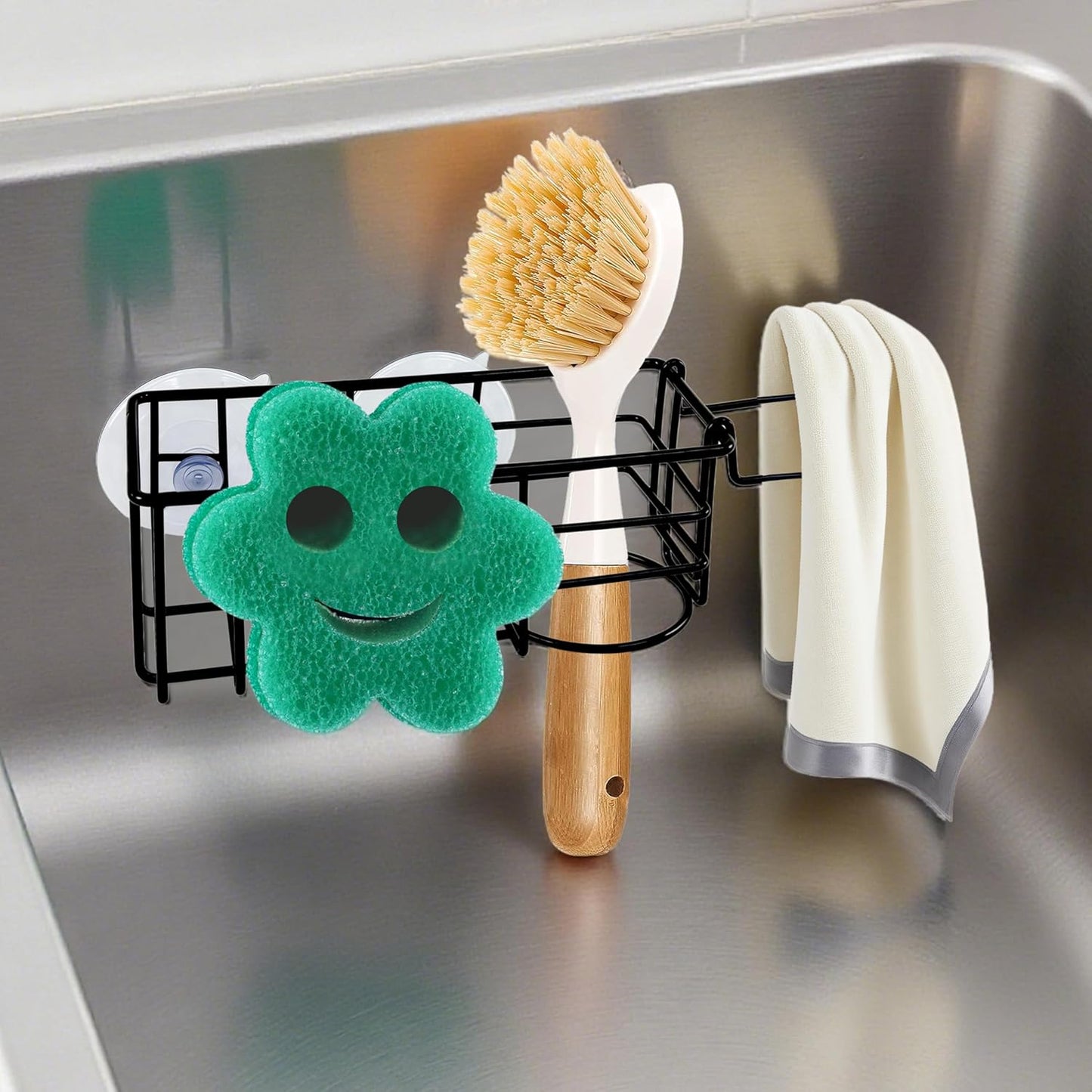 Sponge Holder Smile Face with Dish Cloth Hanger for Kitchen Sink, in-Sink Caddy Organizer with Suction Cups & Adhesive Strips, Rustproof Sponge Rack for Soap, Brush, Scrubber - Black（2 Pack）