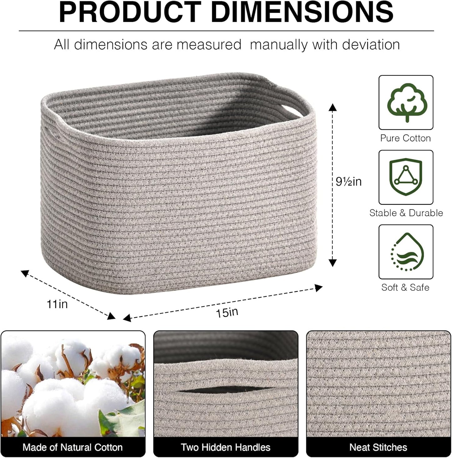 Woven Cotton Rope Storage Basket for Organizing, Cute Decorative Baskets for Gifts Empty, Organizer Bins for Dog Toy, Baby Laundry, 15“×11”×9.5“, Light Grey