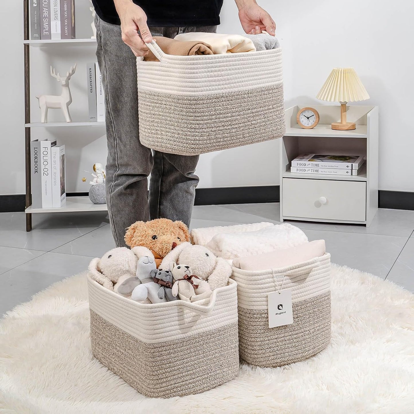 Medium and Large Woven Basket//With Handle, Used for Toys and Fabric Storage Basket used for Storing xl Storage Box, Decorative Storage Box Room 2pack (14L*10W*8.6H White Brown, 14Lx10Wx8.6H)