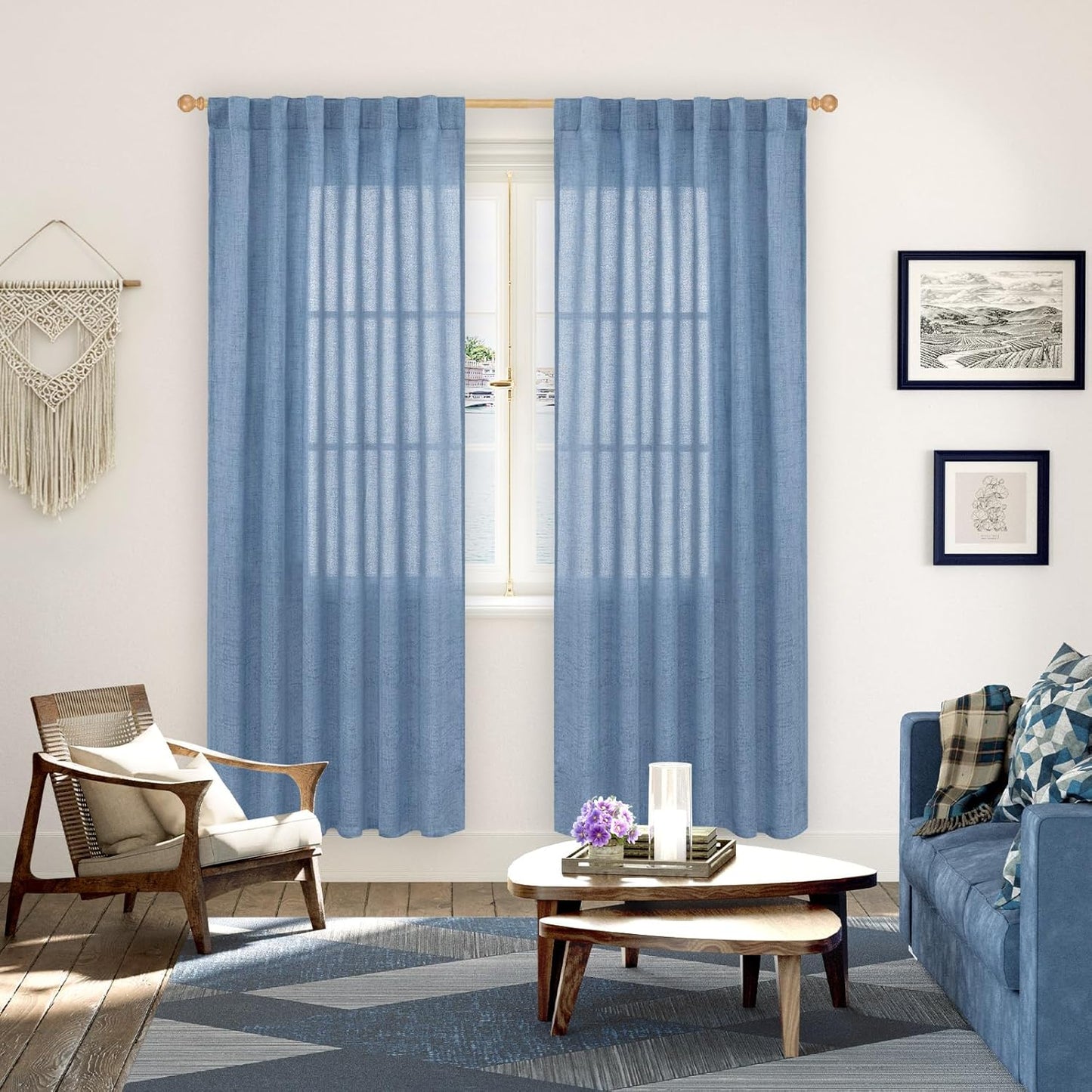 YoungsTex Denim Blue Linen Curtains 78 Inch Length for Living Room, Light Filtering Semi Sheer Window Drapes Rod Pocket Back Tab Curtain for Bedroom Office Dining Coastal, 2 Panels, 52 X 78 Inch