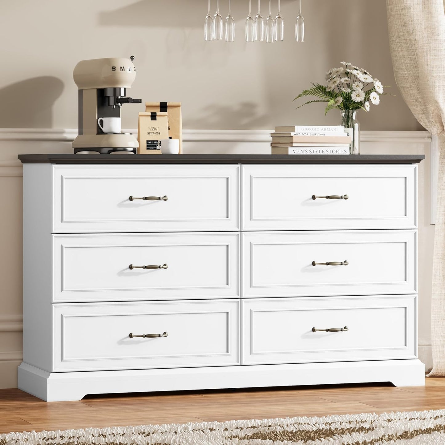 6 Drawer Dresser for Bedroom, 53" Wide Wooden Chest of Drawers, Rustic Farmhouse Dresser with Large Drawers & Metal Handles, Modern Storage Organizer for Closet, Living Room, Hallway, White