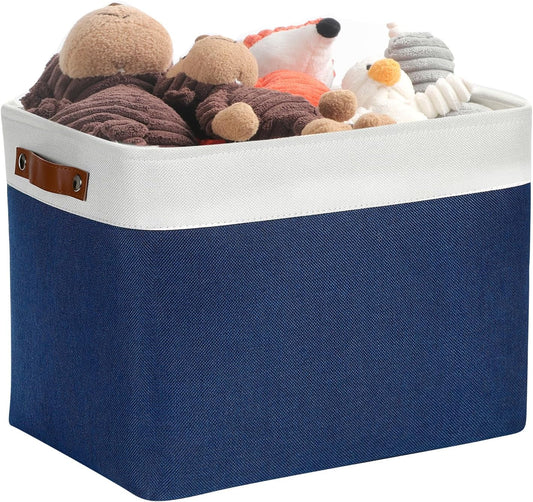 DULLEMELO Large Storage Baskets, Fabric Storage Bins for Organizing Foldable Linen Shelf Baskets for Clothes, Toys, Closet, Laundry (White&Blue,16"x12"x12"-1 Pack)