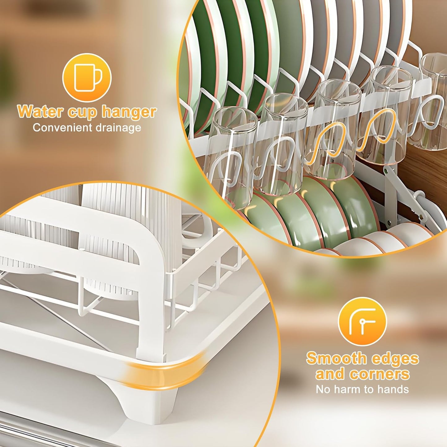 Dish Drying Rack Large 2 Tier Carbon Steel Dish Rack for Kitchen Counter,2-Tier Kitchen Organizers and Storage Rack with Drainboard and Cutlery Holder,Black, Folds Storage