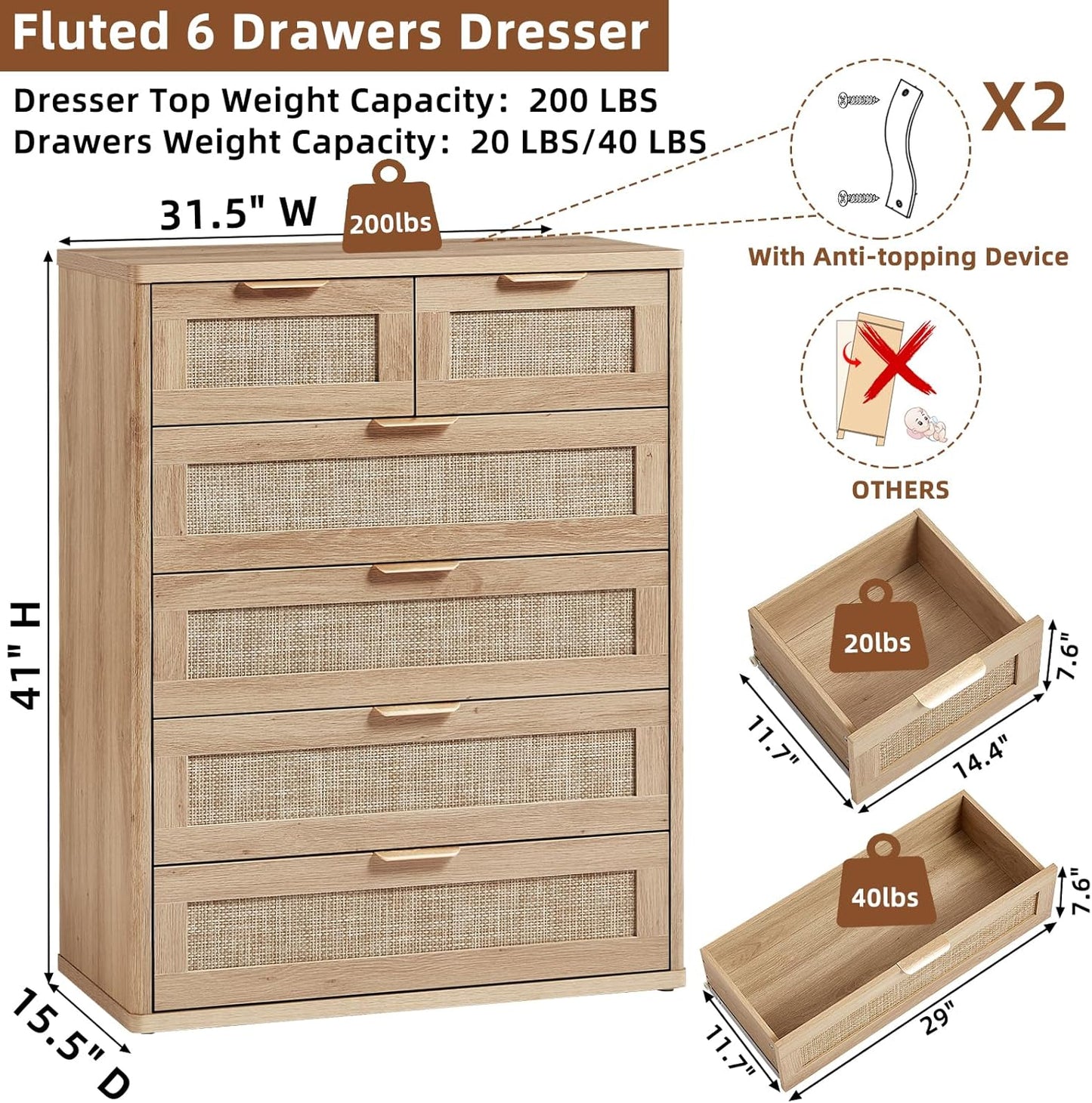 LEYAOYAO Rattan Dresser for Bedroom, 42" Tall Chest of Drawers, Modern 6 Drawers Boho Dressers with Storage, Light Oak Dresser Wooden Closet Organizer for Living Room, Hallway, Natural Wood