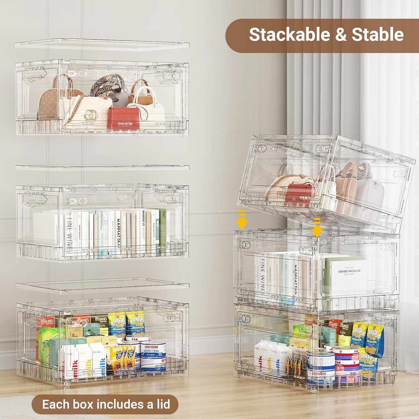 BROVIEW Clear Stackable Storage Bins Drawers, Open Front Large Plastic Storage Bins with Lids, Foldable Closet Organizers and Storage for Wardrobe Cabinets, Pantry, Makeup,5 Pack